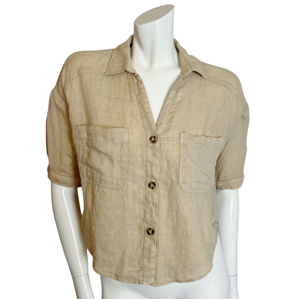 Zara 100% Linen Tan Button Up Short Sleeve Shirt Women's Size S